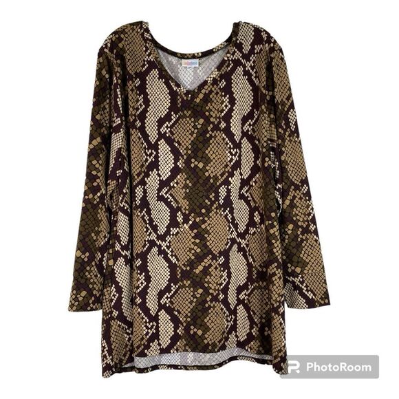 LulaRoe Brown Tan Snake Reptile Print Elizabeth V Neck Long Sleeve Tunic Top 2X - Picture 1 of 9